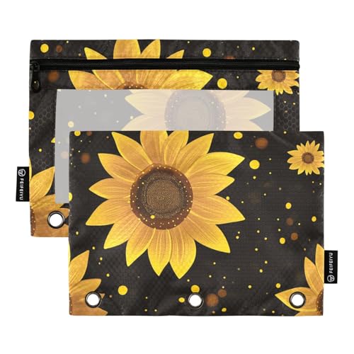 ZRWLUCKY Federmäppchen mit 3 Ringen, Motiv: Sonnenblumen, Schwarz und Gelb, 2 transparente Aktenordner für Büro, Zuhause, Aufbewahrungstasche mit Reißverschluss von ZRWLUCKY