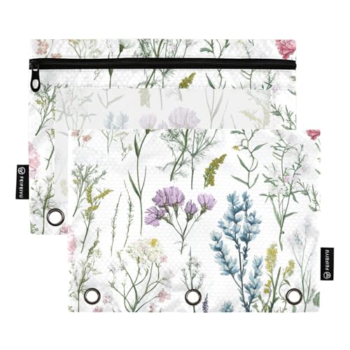 ZRWLUCKY Federmäppchen mit 3 Ringen, Retro-Blumen, Weiß, 2 Stück, transparente Aktenordner für Büro, Zuhause, Aufbewahrungstasche mit Reißverschluss von ZRWLUCKY