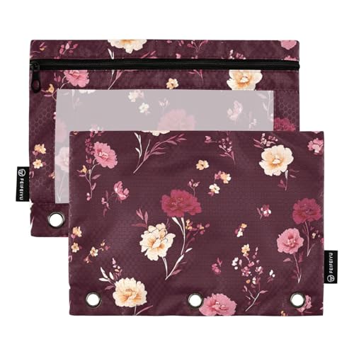 ZRWLUCKY Federmäppchen mit 3 Ringen, Vintage-Blumen, Burgunderrot, 2 Stück, transparente Aktenordner für Büro, Zuhause, Aufbewahrungstasche mit Reißverschluss ZRWLUCKY Federmäppchen mit 3 Ringen, Vintage-Blumen, Burgunderrot, 2 Stück, transparente Aktenordner für Büro, Zuhause, Aufbewahrungstasche mit Reißverschluss von ZRWLUCKY