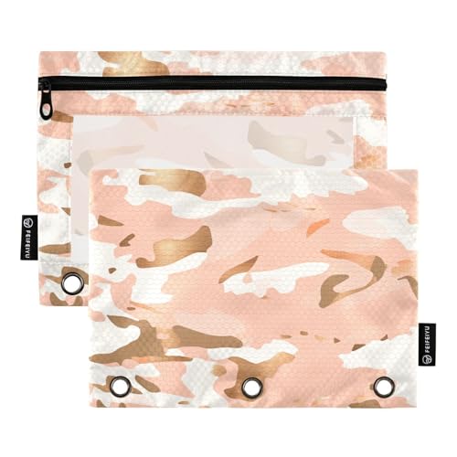 ZRWLUCKY Federmäppchen mit 3 Ringen, großes Fassungsvermögen, 2 transparente Aktenordner für Büro, Zuhause, Aufbewahrungstasche mit Reißverschluss, Camouflage, Rotgold und Weiß von ZRWLUCKY