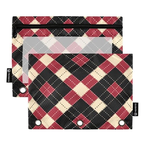 ZRWLUCKY Federmäppchen mit 3 Ringen, kariertes Muster, Schwarz und Rot, 2 transparente Aktenordner für Büro, Zuhause, Aufbewahrungstasche mit Reißverschluss von ZRWLUCKY
