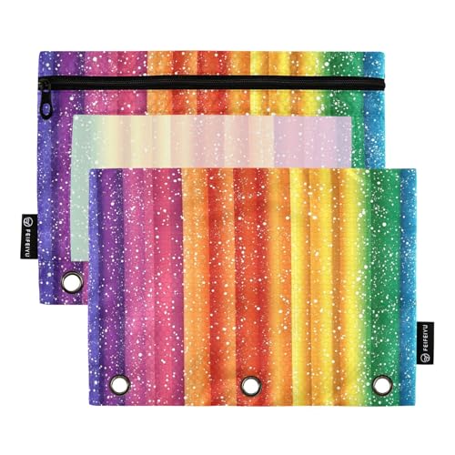 ZRWLUCKY Federmäppchen mit Regenbogenstreifenmuster, bunt, 3 Ringe, großes Fassungsvermögen, 2 Stück, transparente Aktenordner für Büro, Zuhause, Aufbewahrungstasche mit Reißverschluss von ZRWLUCKY