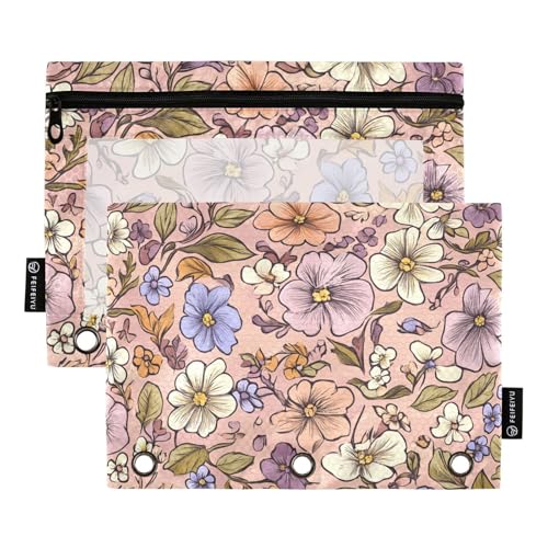 ZRWLUCKY Federmäppchen mit schönem Blumenmuster, Violett, 3 Ringe, großes Fassungsvermögen, 2 Stück, transparente Aktenordner für Büro, Zuhause, Aufbewahrungstasche mit Reißverschluss von ZRWLUCKY