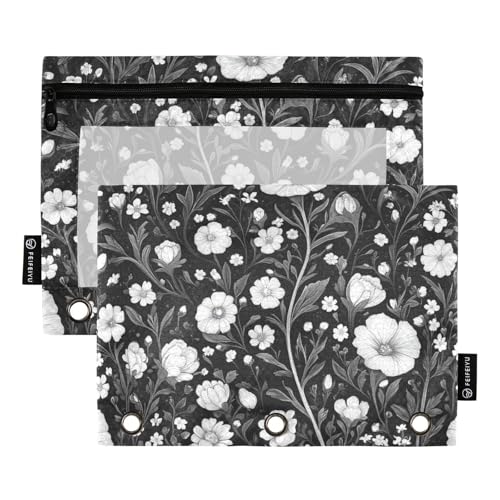 ZRWLUCKY Federmappe mit 3 Ringen, Motiv: Frühlingsblumen, Schmetterlinge, Bienen, Grau, 2 Stück, transparente Aktenordner für Büro, Zuhause, Aufbewahrungstasche mit Reißverschluss von ZRWLUCKY