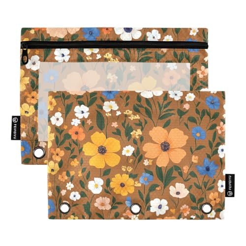 ZRWLUCKY Federmappe mit kleinen Blumen, Braun, 3 Ringe, großes Fassungsvermögen, 2 Stück, transparente Aktenordner für Büro, Zuhause, Aufbewahrungstasche mit Reißverschluss von ZRWLUCKY