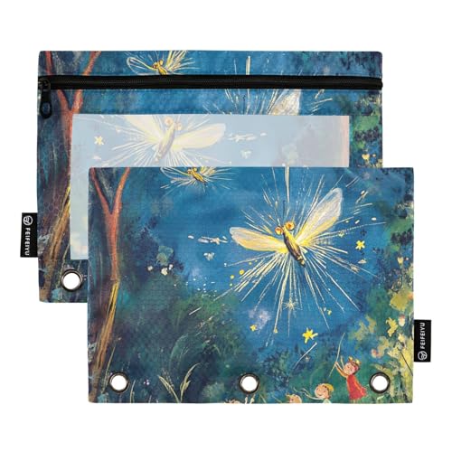ZRWLUCKY Firefly and Night Federmäppchen mit 3 Ringen, großes Fassungsvermögen, 2 transparente Aktenordner für Büro, Zuhause, Aufbewahrungstasche mit Reißverschluss, Dunkelblau von ZRWLUCKY