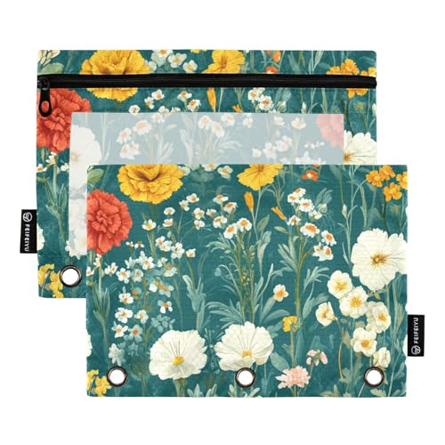 ZRWLUCKY Frühlingsblumen, Nelke, Blaugrün, 3 Ringe, große Kapazität, Federmäppchen, 2 Stück, transparente Aktenordner für Büro, Zuhause, Aufbewahrungstasche mit Reißverschluss von ZRWLUCKY