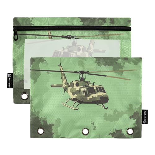 ZRWLUCKY Helikopter Camouflage 3-Ring-Ordner mit großem Fassungsvermögen, Federmäppchen, 2 Stück, transparente Aktenordner für Büro, Zuhause, Aufbewahrungstasche mit Reißverschluss von ZRWLUCKY