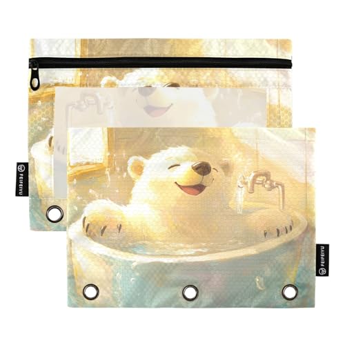 ZRWLUCKY Kawaii Eisbär-Retro-Badewannen-Ordner mit 3 Ringen, großes Fassungsvermögen, Federmäppchen, 2 Stück, transparente Aktenordner für Büro, Zuhause, Aufbewahrungstasche mit Reißverschluss von ZRWLUCKY