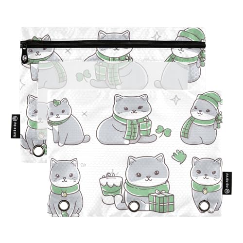 ZRWLUCKY Kawaii Federmäppchen mit 3 Ringen, große Kapazität, 2 transparente Aktenordner für Büro, Zuhause, Aufbewahrungstasche mit Reißverschluss, Grau von ZRWLUCKY