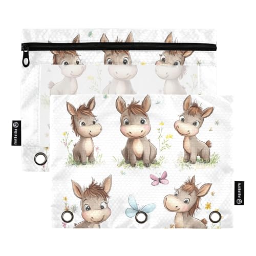 ZRWLUCKY Kawaii Lustiger Esel weiß 3-Ring-Ordner mit großem Fassungsvermögen, Federmäppchen, 2 Stück, transparente Aktenordner für Büro, Zuhause, Aufbewahrungstasche mit Reißverschluss von ZRWLUCKY
