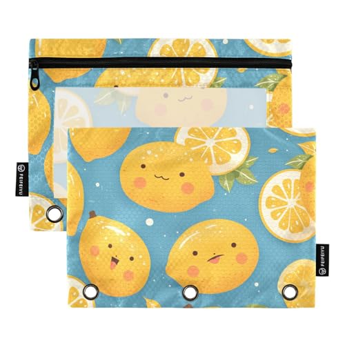 ZRWLUCKY Lemon Happy Pattern 3-Ring-Ordner mit großem Fassungsvermögen, Federmäppchen, 2 Stück, transparente Aktenordner für Büro, Zuhause, Aufbewahrungstasche mit Reißverschluss von ZRWLUCKY