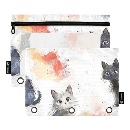 ZRWLUCKY Lustige Katze, Shabby-Chic-Stil, 3 Ringe, große Kapazität, Federmäppchen, 2 Stück, transparente Aktenordner für Büro, Zuhause, Aufbewahrungstasche mit Reißverschluss von ZRWLUCKY