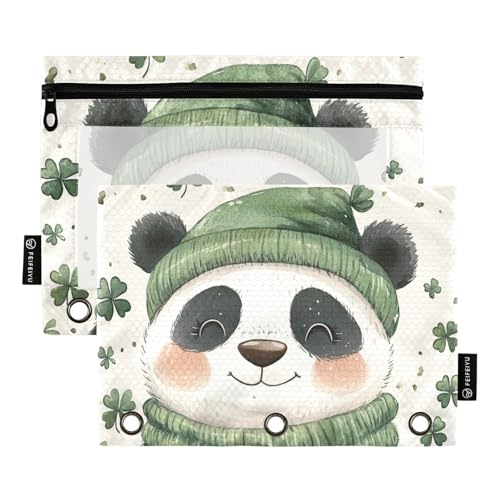 ZRWLUCKY Niedliches Panda-Kleeblatt mit 3 Ringen, großes Fassungsvermögen, Federmäppchen, 2 Stück, transparente Aktenordner für Büro, Zuhause, Aufbewahrungstasche mit Reißverschluss von ZRWLUCKY