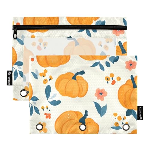ZRWLUCKY Orange Pumpkins Beige 3-Ring-Ordner mit großem Fassungsvermögen, Federmäppchen, 2 Stück, transparente Aktenordner für Büro, Zuhause, Aufbewahrungstasche mit Reißverschluss von ZRWLUCKY