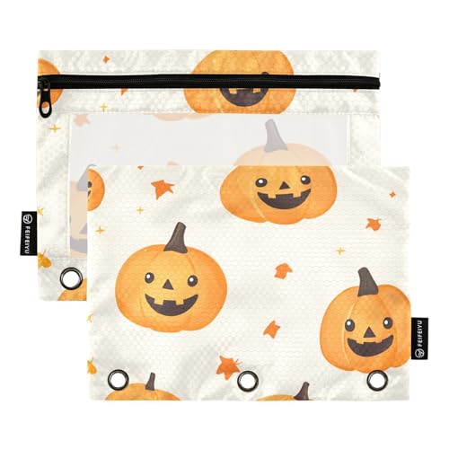ZRWLUCKY Pumpkin and Leaves Beige 3-Ring-Ordner mit großem Fassungsvermögen, Federmäppchen, 2 Stück, transparente Aktenordner für Büro, Zuhause, Aufbewahrungstasche mit Reißverschluss von ZRWLUCKY