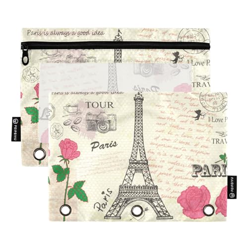 ZRWLUCKY Retro Postcardparis Love Valentinstag Eiffelturm Frankreich 3 Ringbücher Federmäppchen 2 Stück Aktenordner für Büro Prüfung Reißverschluss Schreibwaren Tasche von ZRWLUCKY