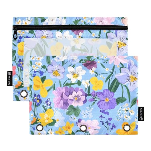 ZRWLUCKY Rustikale bunte Blumen blau 3-Ring-Ordner mit großem Fassungsvermögen, Federmäppchen, 2 Stück, transparente Aktenordner für Büro, Zuhause, Aufbewahrungstasche mit Reißverschluss von ZRWLUCKY