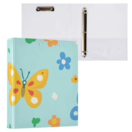 ZRWLUCKY Schmetterlings-Ordner mit 3 Ringen, 3,8 cm, Gelb und Blau, mit Klemmbrett, 1/2 Packungen, Ordner für Schule, Hardcover von ZRWLUCKY