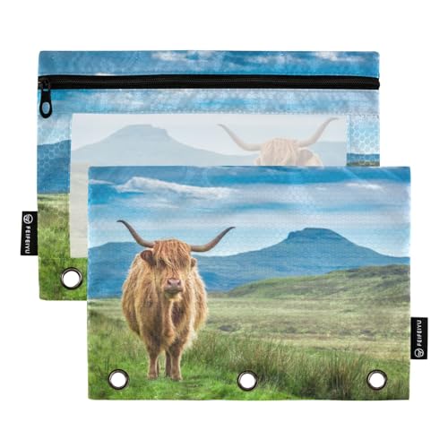 ZRWLUCKY Schottland Highland Kuh Grün Blau 3 Ring Ordner Federmäppchen 2 Stück Aktenordner für Büro Prüfung Reißverschluss Schreibwaren Tasche von ZRWLUCKY
