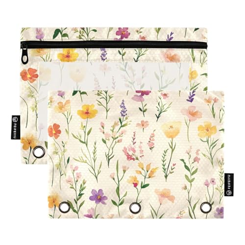 ZRWLUCKY Sommerblumen, Freesie, Beige, 3-Ring-Ordner, großes Fassungsvermögen, Federmäppchen, 2 Stück, transparente Aktenordner für Büro, Zuhause, Aufbewahrungstasche mit Reißverschluss von ZRWLUCKY