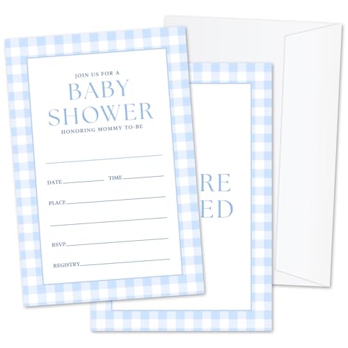 ZSHFMY Babyparty-Einladungen, blaues Vichy-Muster, Party-Einladungen für Jungen, 25 Sets Einladungskarten mit Umschlägen, Baby-Ankündigung, Partyzubehör, Dekorationen -06 ZSHFMY Babyparty-Einladungen, blaues Vichy-Muster, Party-Einladungen für Jungen, 25 Sets Einladungskarten mit Umschlägen, Baby-Ankündigung, Partyzubehör, Dekorationen -06 von ZSHFMY