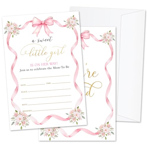 ZSHFMY Rosa Schleife Babyparty-Einladungen, Geschlechtsoffenbarung, Partyeinladungen für Mädchen, 25 Sets Babyparty-Einladungskarten mit Umschlägen, Baby-Ankündigung, Partyzubehör, Dekorationen -01 ZSHFMY Rosa Schleife Babyparty-Einladungen, Geschlechtsoffenbarung, Partyeinladungen für Mädchen, 25 Sets Babyparty-Einladungskarten mit Umschlägen, Baby-Ankündigung, Partyzubehör, Dekorationen -01 von ZSHFMY