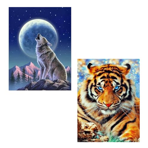 ZSJDOSE 2 Stück Diamond Painting Tiger Wolf Rund Diamant Malerei Stickerei 30x40cm für Erwachsene Kinder Weihnachten DIY Cross Stitch Set von ZSJDOSE