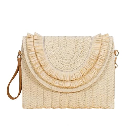 Strohtasche Handtasche, Stroh-Umhängetasche, handgefertigte Strandtasche, große Kapazität, Fransen, Magnetverschluss, Umhängetasche aus Stroh, gewebte Umschlag-Geldbörse Runde Strohtasche(Beige) von ZSREYFNB