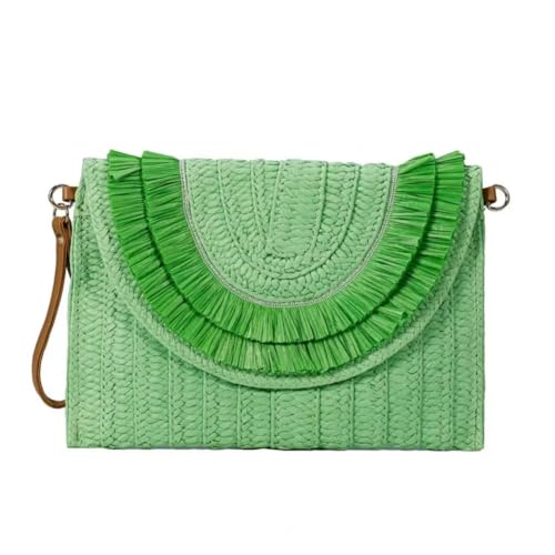 Strohtasche Handtasche, Stroh-Umhängetasche, handgefertigte Strandtasche, große Kapazität, Fransen, Magnetverschluss, Umhängetasche aus Stroh, gewebte Umschlag-Geldbörse Runde Strohtasche(Green) von ZSREYFNB