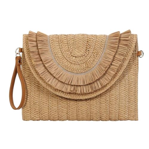 Strohtasche Handtasche, Stroh-Umhängetasche, handgefertigte Strandtasche, große Kapazität, Fransen, Magnetverschluss, Umhängetasche aus Stroh, gewebte Umschlag-Geldbörse Runde Strohtasche(Khaki) von ZSREYFNB
