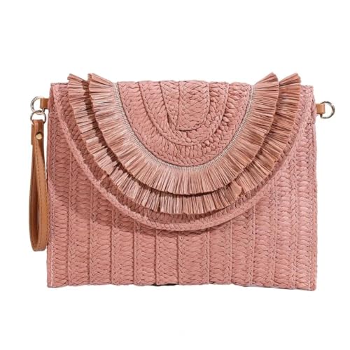 Strohtasche Handtasche, Stroh-Umhängetasche, handgefertigte Strandtasche, große Kapazität, Fransen, Magnetverschluss, Umhängetasche aus Stroh, gewebte Umschlag-Geldbörse Runde Strohtasche(Pink) von ZSREYFNB