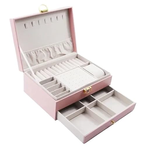 ZSREYFNB Schmuckaufbewahrung 1/2/3-lagige Schmuckschatulle, einfaches Schloss, Schmuckaufbewahrungsbox, tragbare Schmuckverpackungs-Displaybox SchmuckkäStchen(Diamond Double pink) von ZSREYFNB