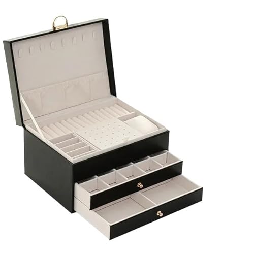 ZSREYFNB Schmuckaufbewahrung 1/2/3-lagige Schmuckschatulle, einfaches Schloss, Schmuckaufbewahrungsbox, tragbare Schmuckverpackungs-Displaybox SchmuckkäStchen(Diamond Three-Layer Black) von ZSREYFNB