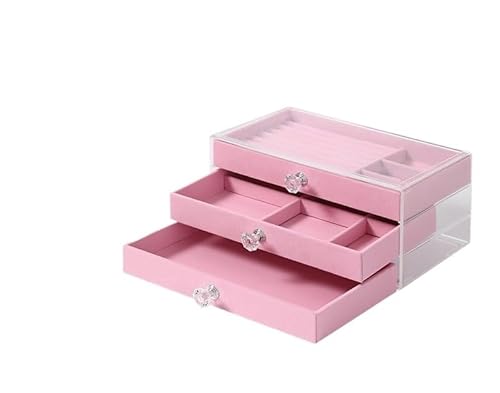 ZSREYFNB Schmuckaufbewahrung Klare dreischichtige Schmuckschatulle Schublade Schmuckschatulle Ohrring Halskette Ring Staubdichte Display Aufbewahrungsbox SchmuckkäStchen(Pink) von ZSREYFNB