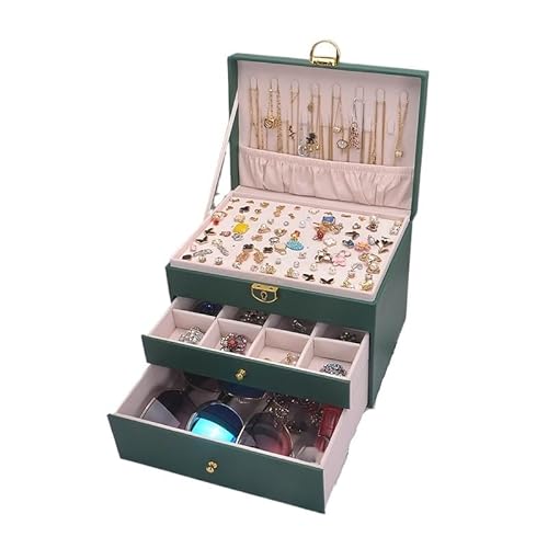 ZSREYFNB Schmuckaufbewahrung Schmuckschatulle for Halsketten, Ohrringe, Ringe, Display for Frauen, große Kapazität, mit Schloss SchmuckkäStchen(XL-Green) von ZSREYFNB