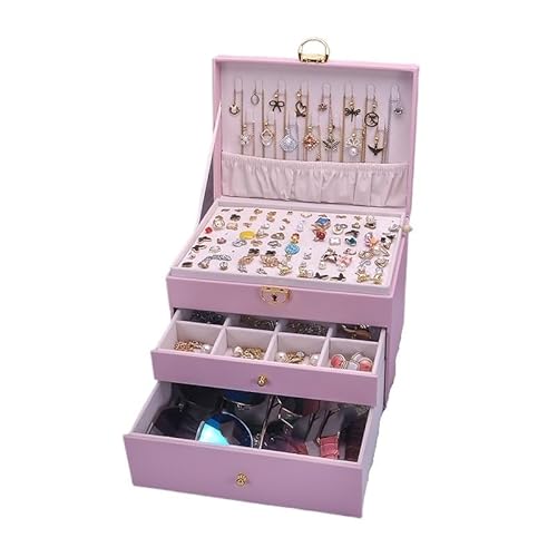 ZSREYFNB Schmuckaufbewahrung Schmuckschatulle for Halsketten, Ohrringe, Ringe, Display for Frauen, große Kapazität, mit Schloss SchmuckkäStchen(XL-Pink) von ZSREYFNB