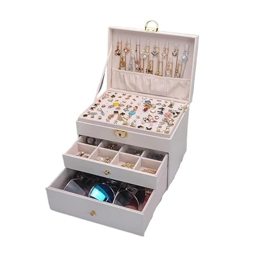 ZSREYFNB Schmuckaufbewahrung Schmuckschatulle for Halsketten, Ohrringe, Ringe, Display for Frauen, große Kapazität, mit Schloss SchmuckkäStchen(XL-White) von ZSREYFNB