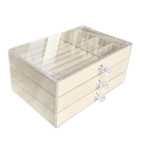 ZSREYFNB Schmuckaufbewahrung Schmuckschatulle mit 3 Schubladen, stapelbar, zur Aufbewahrung von Ohrringen, Halsketten und Armbändern SchmuckkäStchen(Beige) von ZSREYFNB