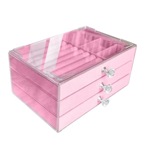 ZSREYFNB Schmuckaufbewahrung Schmuckschatulle mit 3 Schubladen, stapelbar, zur Aufbewahrung von Ohrringen, Halsketten und Armbändern SchmuckkäStchen(Pink) von ZSREYFNB