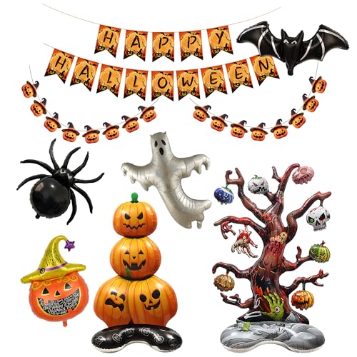 ZSSZD 9 Stück Halloween Decoration Set, Happy Halloween Banner, Folienballons Kürbisse, Spinnen, Gespenster, Fledermäuse, Übergroße Luftballons für Party Deko Kinder von ZSSZD