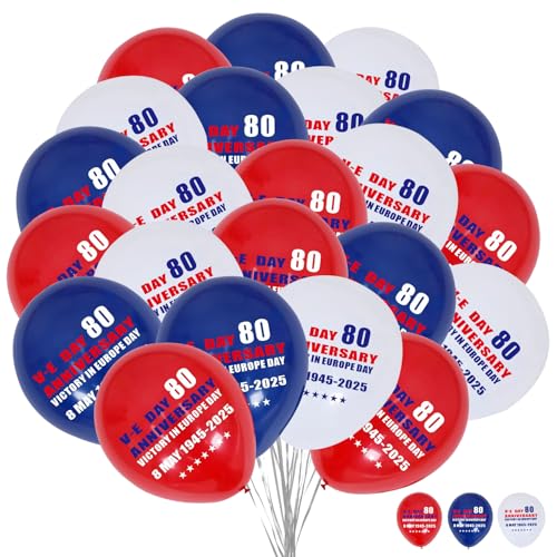 30 Stück VE Day 80th Anniversary Dekorationen Luftballons, 12 Zoll rote, weiße und blaue Latexballons Party Dekorationen für Sieg in Europa 80 Jahre Ballon Feier Party Dekor von ZSYIULIA