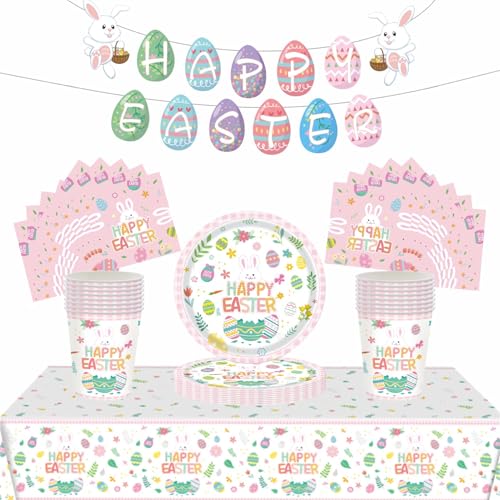 54 Stück Oster-Party-Geschirr, Dekorationen, Ostereiersuche, Cartoon-Party-Dekorationen, Tischdecke, 17,8 cm Pappteller, Banner, Papierservietten für Osterthema, Tischparty, Gastgeschenk, 54 Stück Oster-Party-Geschirr, Dekorationen, Ostereiersuche, Cartoon-Party-Dekorationen, Tischdecke, 17,8 cm Pappteller, Banner, Papierservietten für Osterthema, Tischparty, Gastgeschenk, von ZSYIULIA