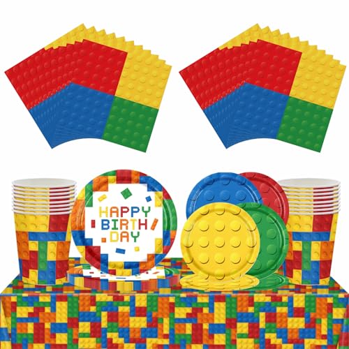 69 Stück Bausteine, Partygeschirr für Jungen, Kindergeburtstag, 17,8 cm, 22,9 cm, Pappteller und Servietten, Becher, Cartoon-Tischdecken-Set für bunte Blöcke, Ziegelsteine, Themen-Tisch-Partygeschenke von ZSYIULIA