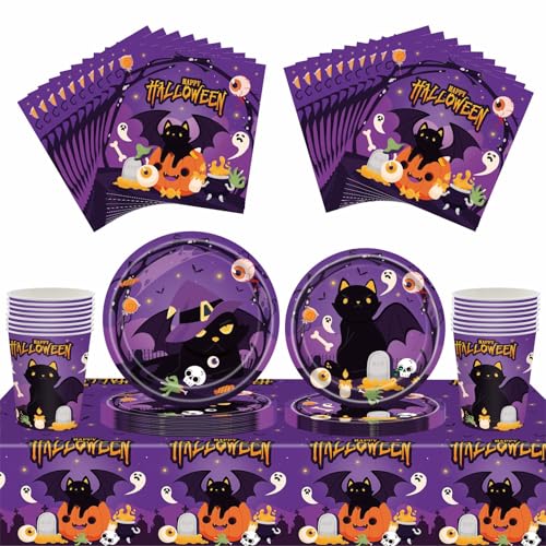 69-teiliges Halloween-Partygeschirr aus Kunststoff, 17,8 cm, 22,9 cm, Pappteller, Servietten und Becher, Geister-Trick or Treat lila Geschirr-Set für Halloween-Party-Tischdekorationen von ZSYIULIA