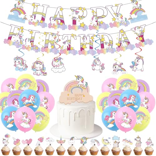 Einhorn Geburtstag Party Kit für Mädchen Kinder – Magisches Fantasy-Dekor-Set mit Banner, hängenden Wirbel, Luftballons und Kuchenaufsätzen, komplettes Geburtstagsparty-Zubehör für Einhorn Geburtstag Party Kit für Mädchen Kinder – Magisches Fantasy-Dekor-Set mit Banner, hängenden Wirbel, Luftballons und Kuchenaufsätzen, komplettes Geburtstagsparty-Zubehör für von ZSYIULIA