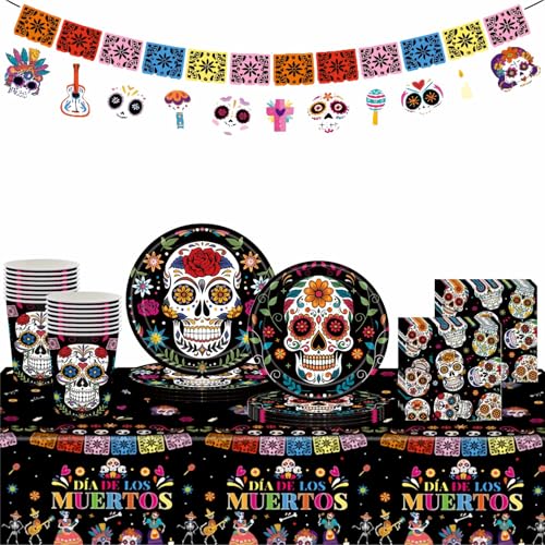 Halloween-Geschirr-Set, 17,8 cm, 22,9 cm, Pappteller, Becher, Servietten, Banner, Tischdecke (Totenkopf, 6 Set) von ZSYIULIA