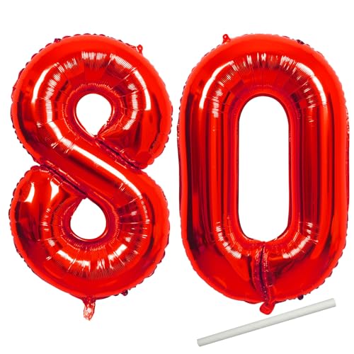 Luftballons zum 80. Geburtstag, Rot, für Frauen, 101,6 cm, riesige Mylar-Folie, Zahl 80, selbstaufblasend, VE Day 80th Anniversary Gold Digit 8 & 0 Heliumballon für Party-Dekorationen Luftballons zum 80. Geburtstag, Rot, für Frauen, 101,6 cm, riesige Mylar-Folie, Zahl 80, selbstaufblasend, VE Day 80th Anniversary Gold Digit 8 & 0 Heliumballon für Party-Dekorationen von ZSYIULIA