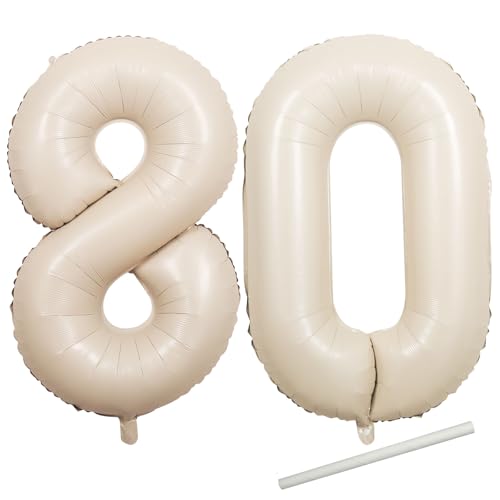 Luftballons zum 80. Geburtstag, sandweiß, für Frauen, 101,6 cm, riesige Mylar-Folie, Zahl 80, selbstaufblasend, VE Day 80th Anniversary Gold Digit 8 & 0 Heliumballon für Party-Dekorationen Luftballons zum 80. Geburtstag, sandweiß, für Frauen, 101,6 cm, riesige Mylar-Folie, Zahl 80, selbstaufblasend, VE Day 80th Anniversary Gold Digit 8 & 0 Heliumballon für Party-Dekorationen von ZSYIULIA