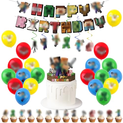 Minecraft Geburtstagsparty-Dekorationen für Jungen – komplettes Kinder-Party-Set mit hängenden Banner, Wirbel, Luftballons und Kuchenaufsätzen, Minecraft-Themenpartyzubehör für Jungen Minecraft Geburtstagsparty-Dekorationen für Jungen – komplettes Kinder-Party-Set mit hängenden Banner, Wirbel, Luftballons und Kuchenaufsätzen, Minecraft-Themenpartyzubehör für Jungen von ZSYIULIA